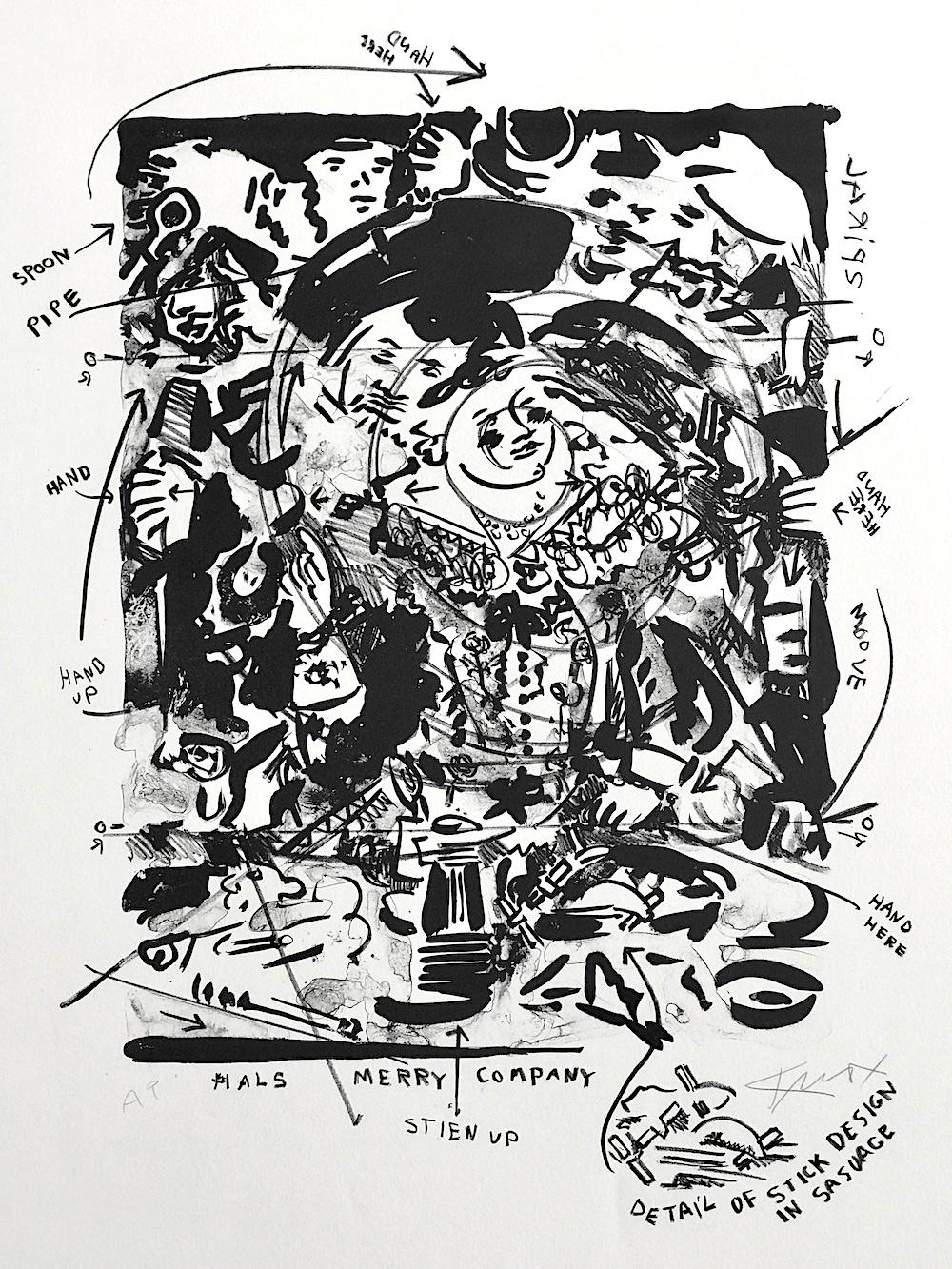 Knox Martin Abstract Print - MERRY COMPANY I Signed Lithograph, B + W Abstract Portrait After Frans Hals 