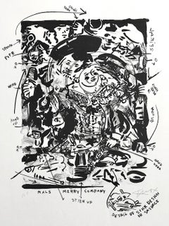 MERRY COMPANY I Signed Lithograph, B + W Abstract Portrait After Frans Hals 