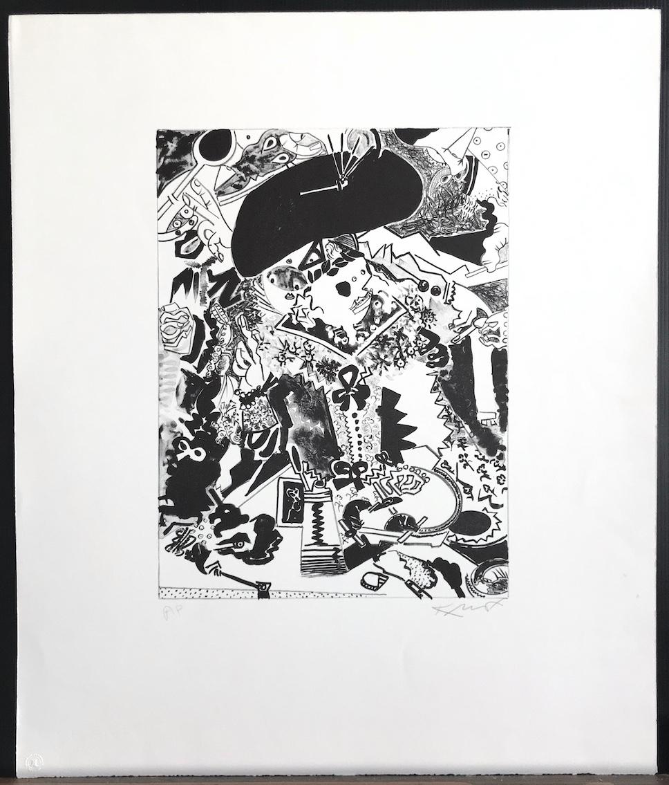 MERRY COMPANY IV is an original hand drawn stone lithograph by the American abstract painter Knox Martin. Hand printed from a lithography stone in rich black ink on archival Rives BFK printmaking paper, 100% acid free. MERRY COMPANY IV is an