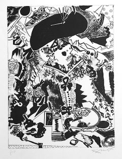 Retro MERRY COMPANY IV(after Hals) Signed Lithograph, Abstract Portrait, Black Shapes