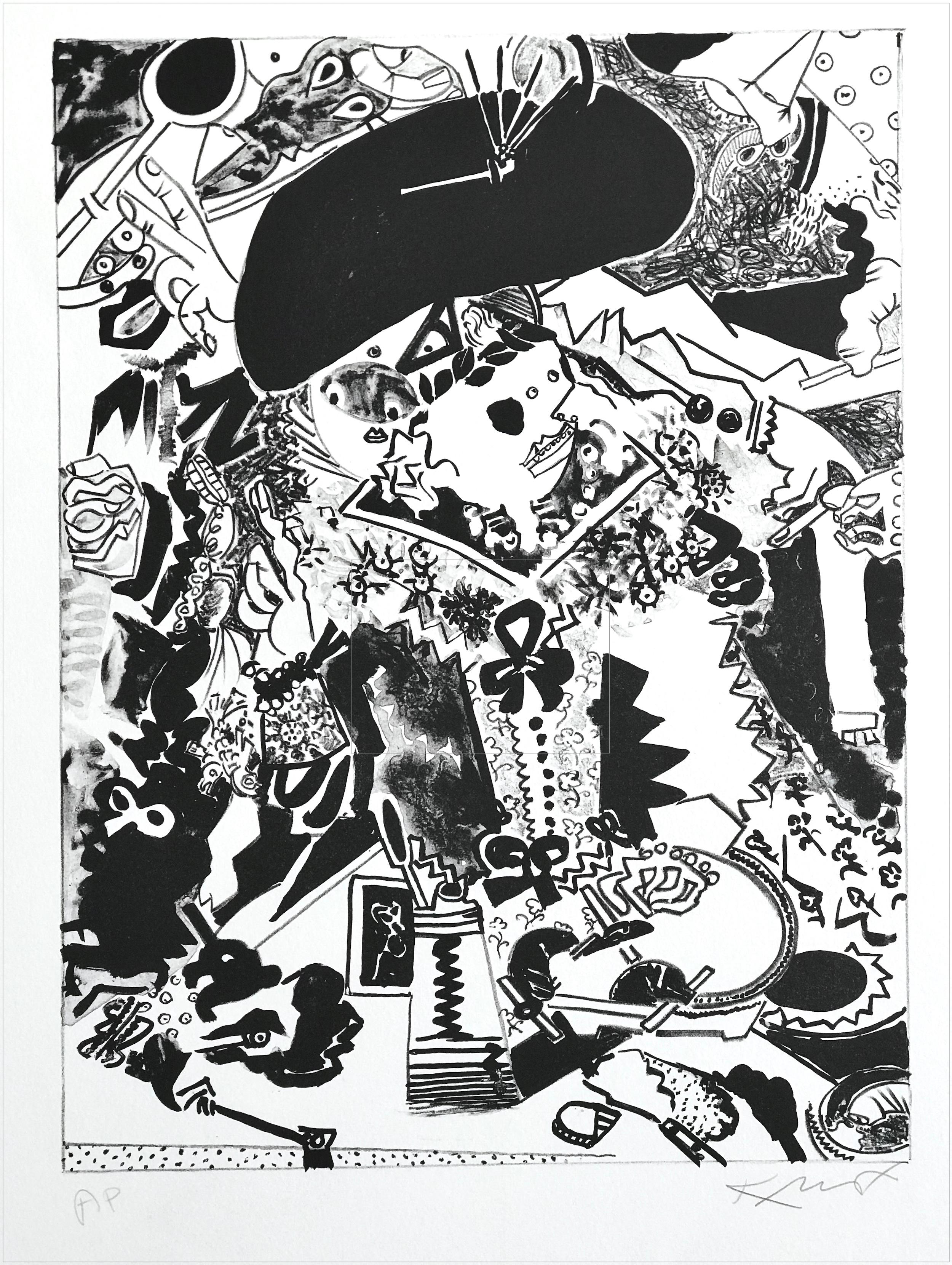 MERRY COMPANY IV(after Hals) Signed Lithograph, Abstract Black White Portrait