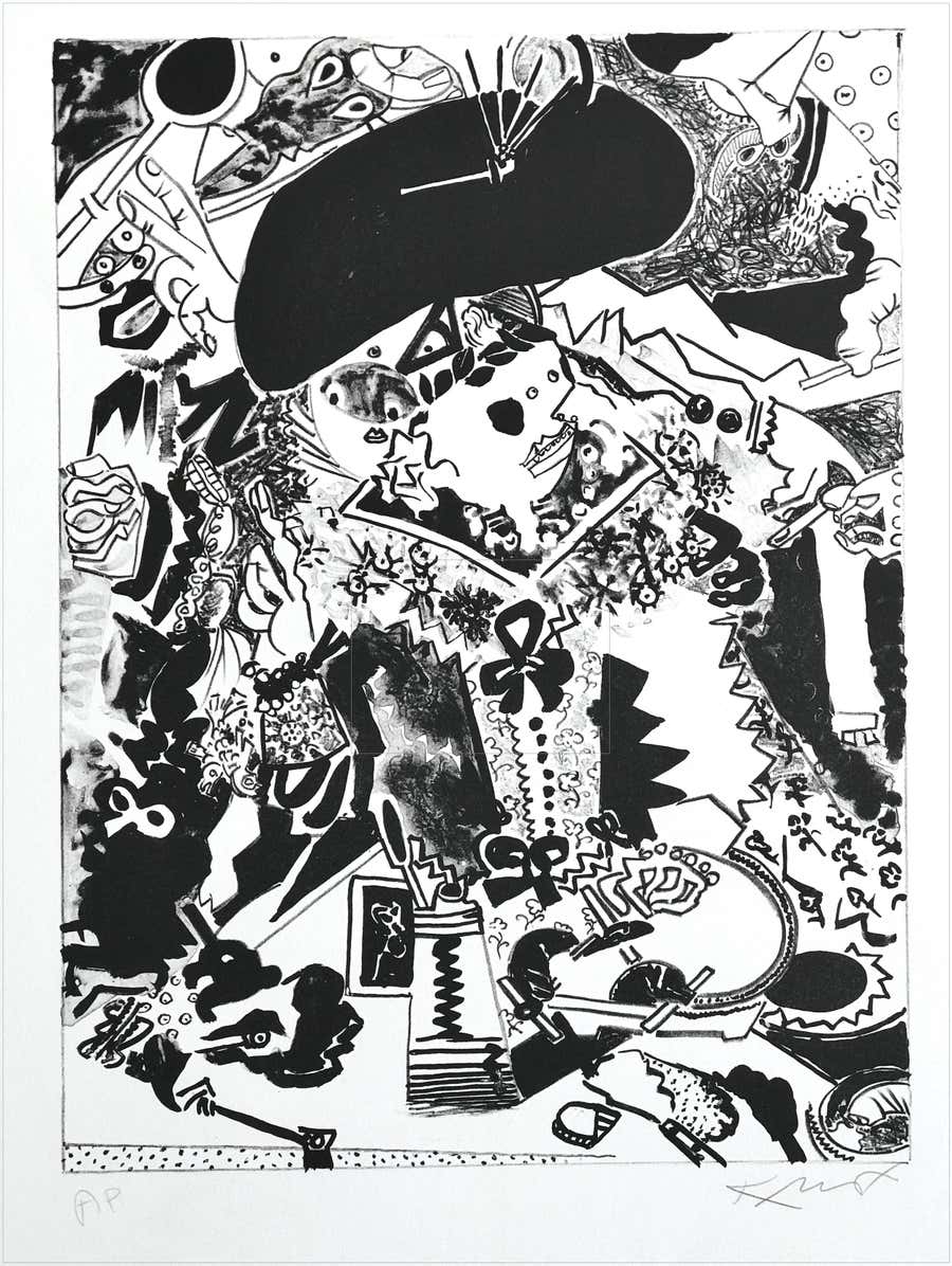 MERRY COMPANY IV Signed Stone Lithograph on Rives BFK, Abstract Black & White