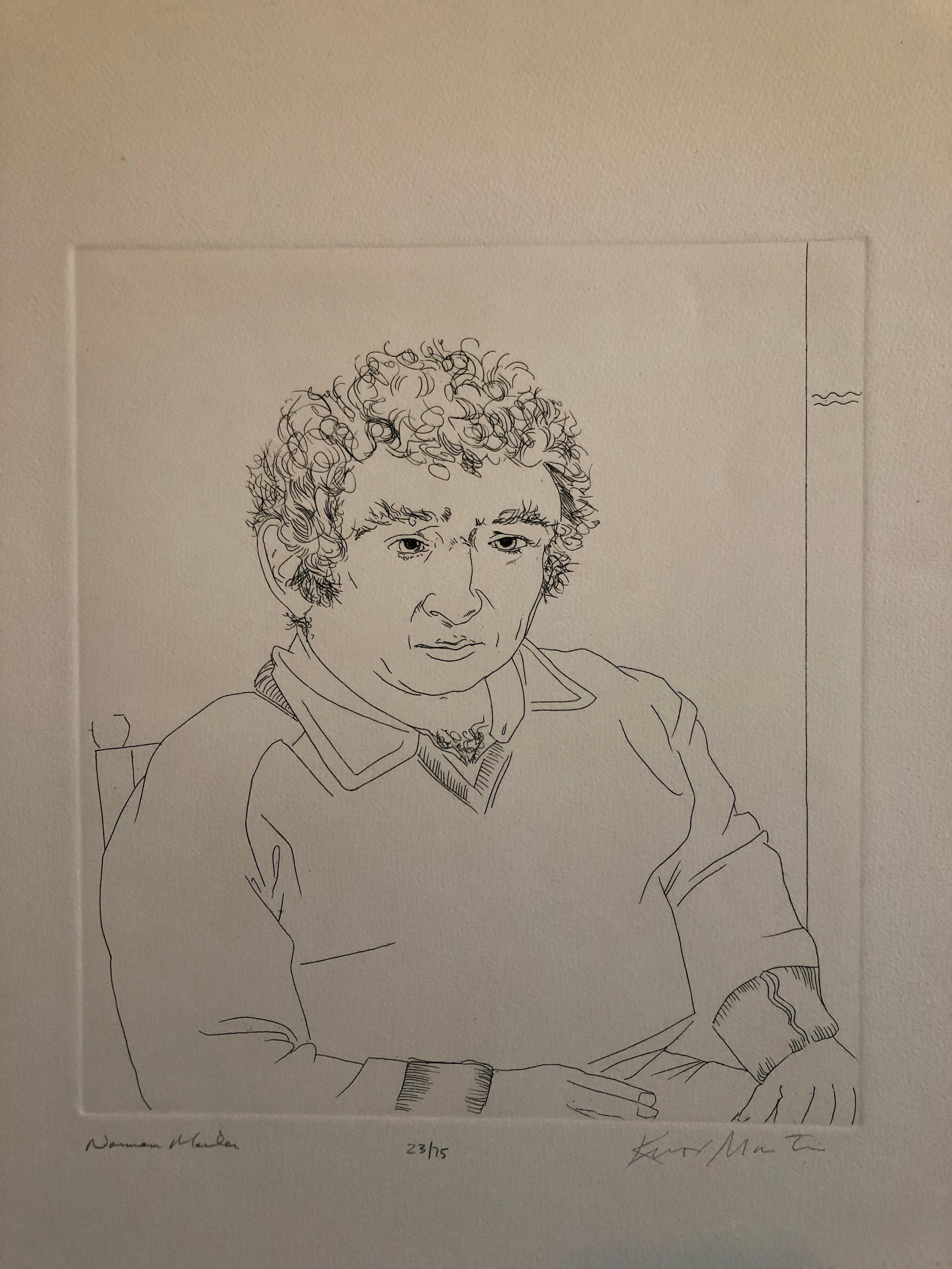 Portrait de Norman Mailer, lauréat du prix Pulitzer, gravure au trait - Modernisme américain Print par Knox Martin