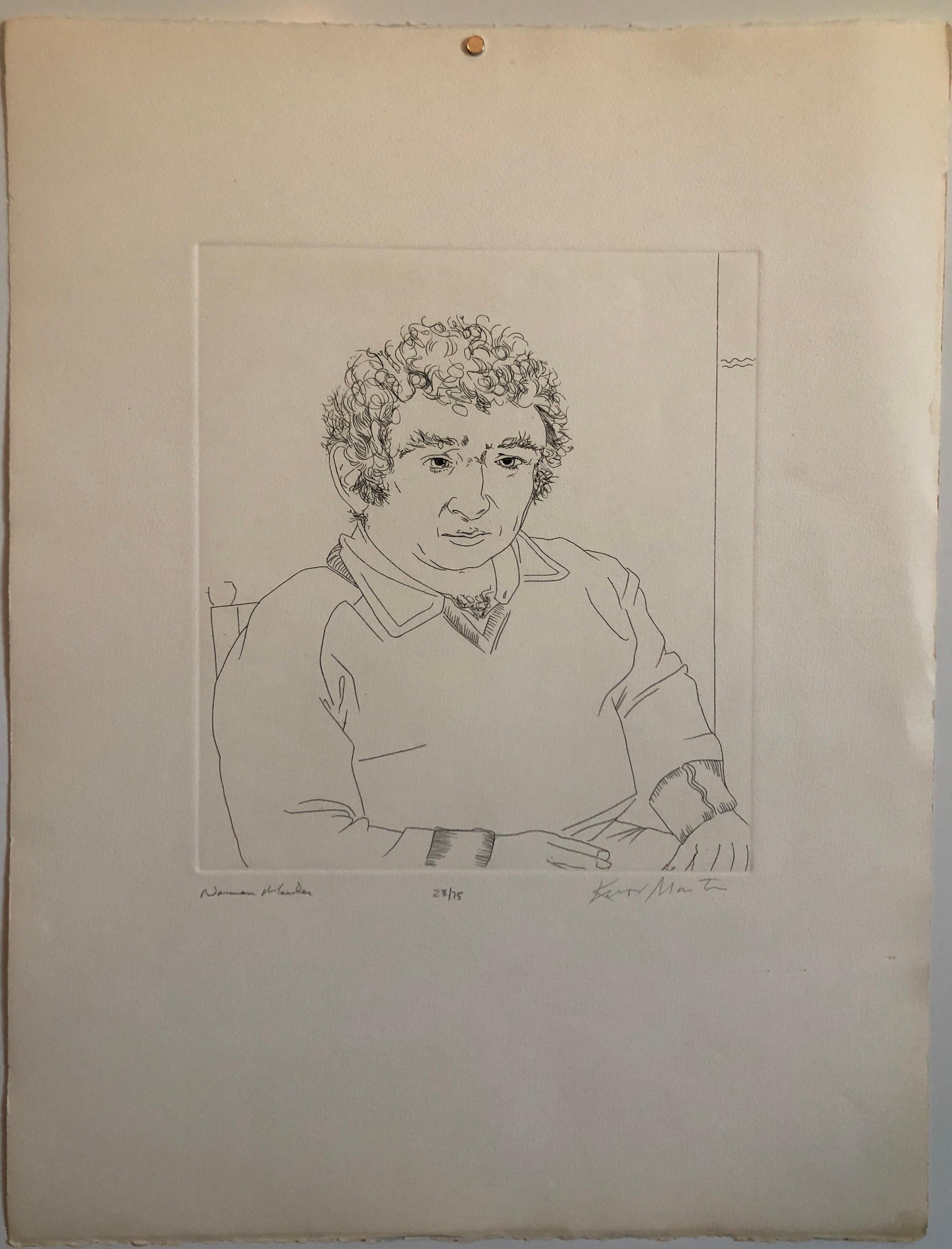 Pulitzer Prize Winner Norman Mailer Portrait Etching Line Drawing - Brown Figurative Print by Knox Martin