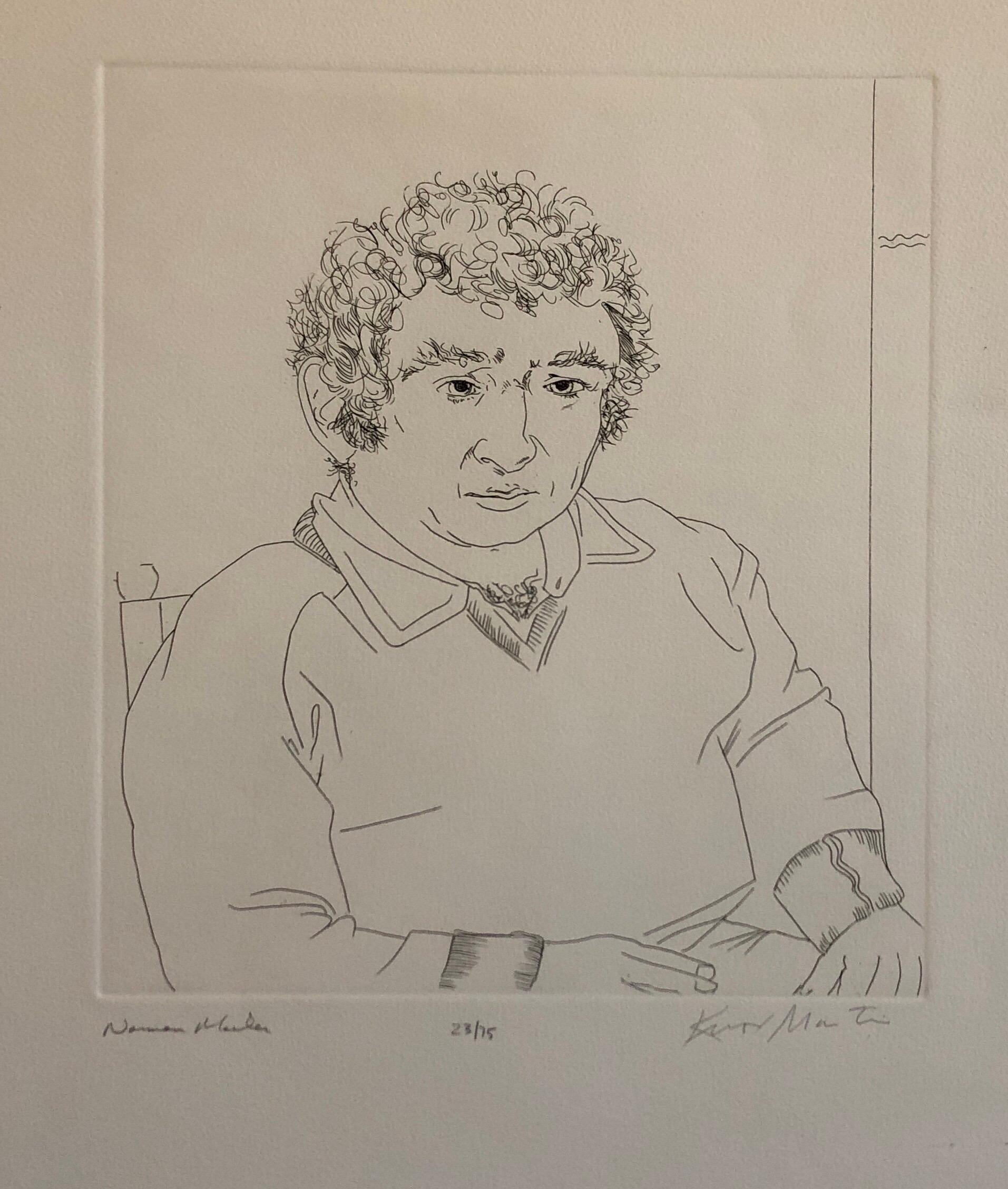 Pulitzer Prize Winner Norman Mailer Portrait Etching Line Drawing
