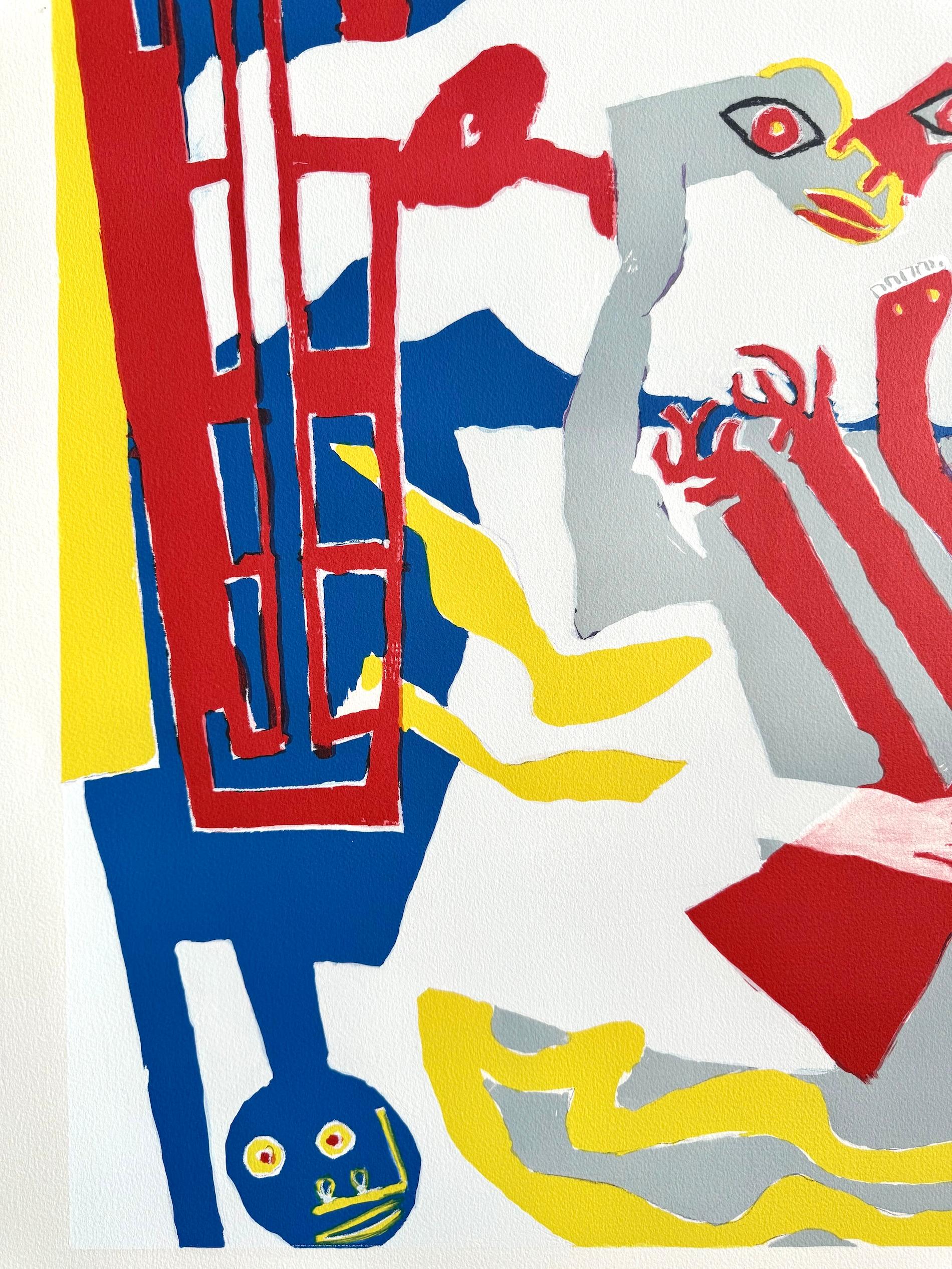 UNTITLED ABSTRACT(Dream Figures, Red Window) Lithograph, Organic Geometric Forms - Beige Abstract Print by Knox Martin