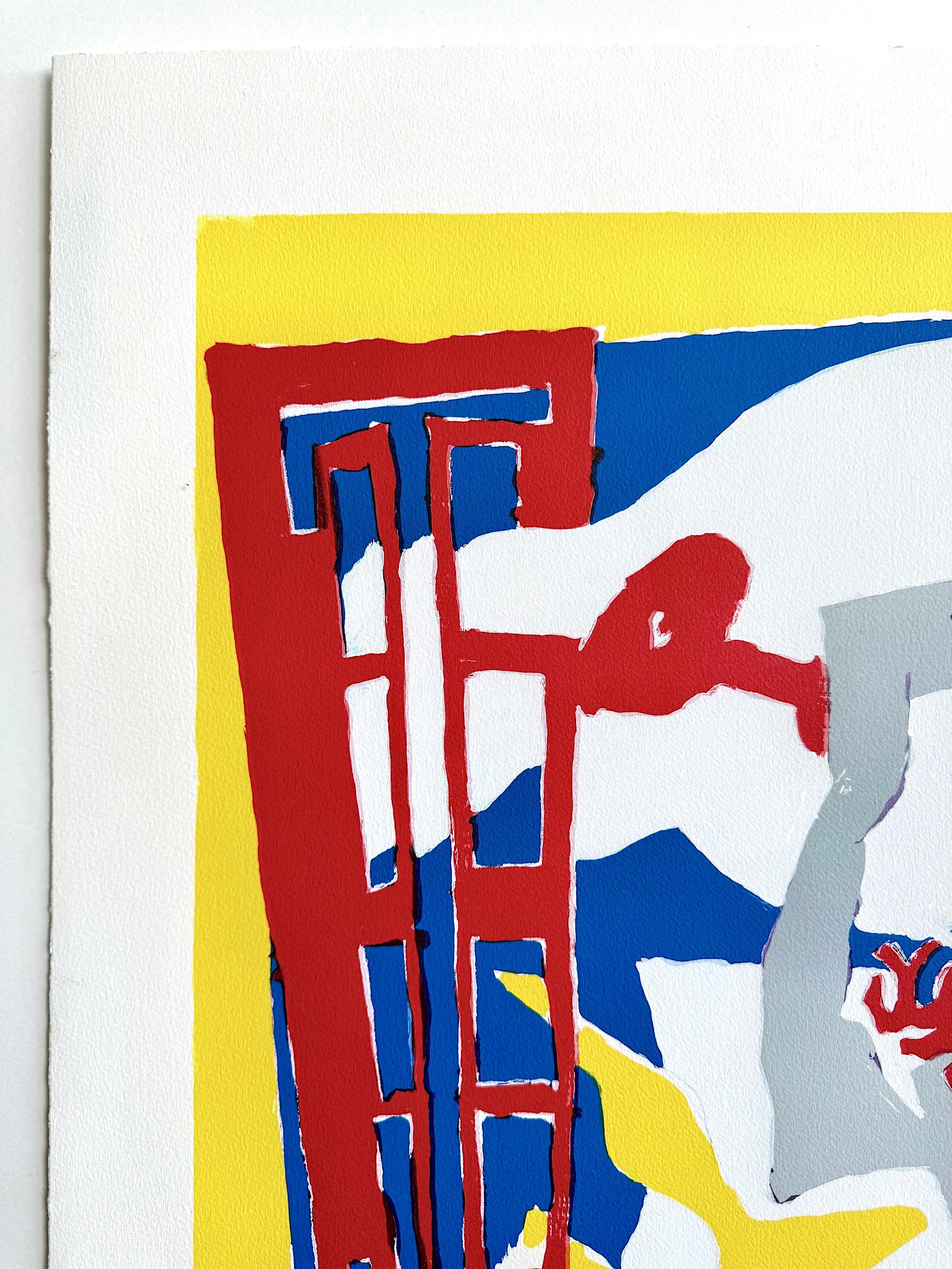 UNTITLED ABSTRACT(Dream Figures, Red Window) is an original hand drawn lithograph by the American abstract painter Knox Martin printed using hand lithography techniques on archival Rives BFK printmaking paper, 100% acid free. UNTITLED ABSTRACT(Dream