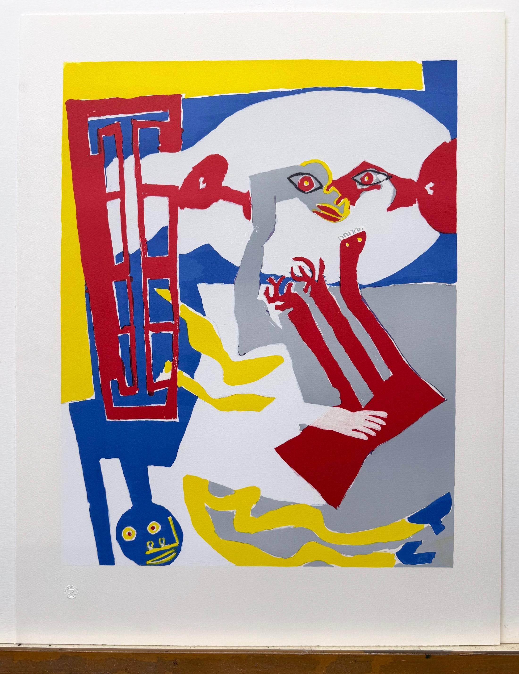 UNTITLED ABSTRACT(Dream Figures, Red Window) Lithograph, Organic Geometric Forms For Sale 4