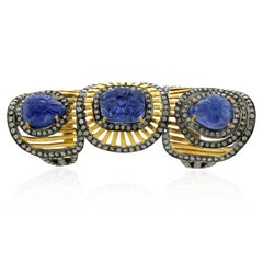 Knuckle Ring with Blue Sapphires Carvings Surrounded by Pave Diamonds