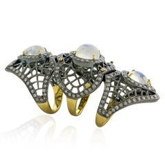 Knuckle Ring with Moonstones Surrounded by Pave Diamonds Made in Gold & Silver