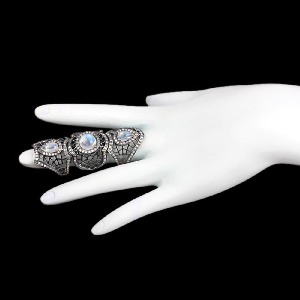 Round Cut Knuckle Ring with Moonstones Surrounded by Pave Diamonds Made in Gold & Silver For Sale