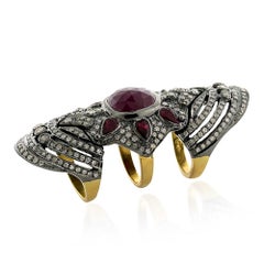 Knuckle Ring with Ruby in Center & Pave Diamonds Made in 18K Gold & Silver