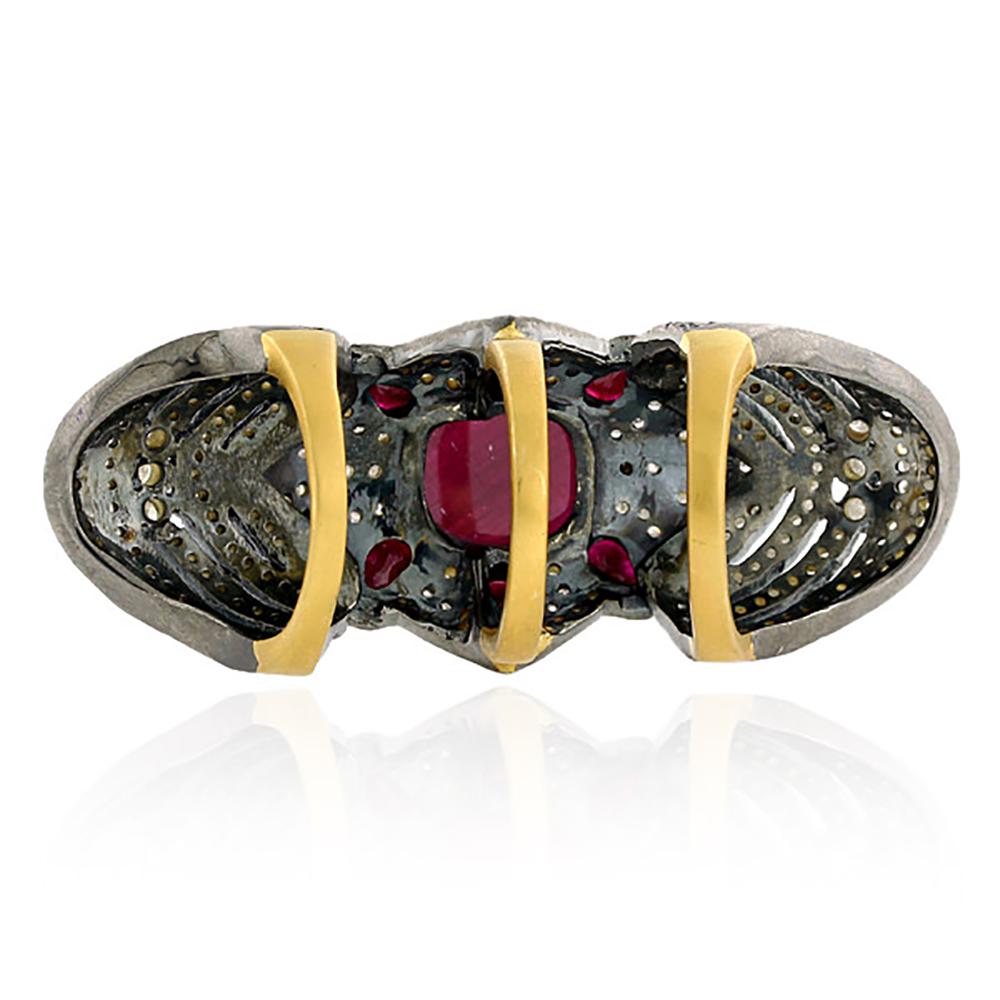 Modern Knuckle Ring with Ruby in Center & Pave Diamonds Made in 18K Gold & Silver For Sale