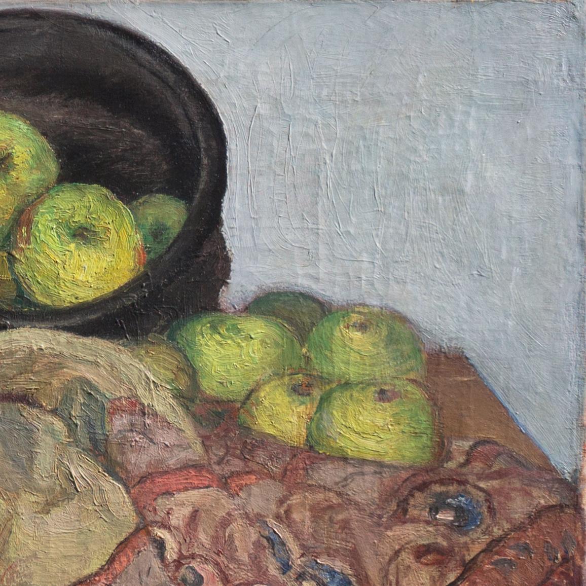 'Apples on a Peacock Tablecloth', Royal Academy, São Paulo & Venice Biennales - Brown Still-Life Painting by Knud Agger