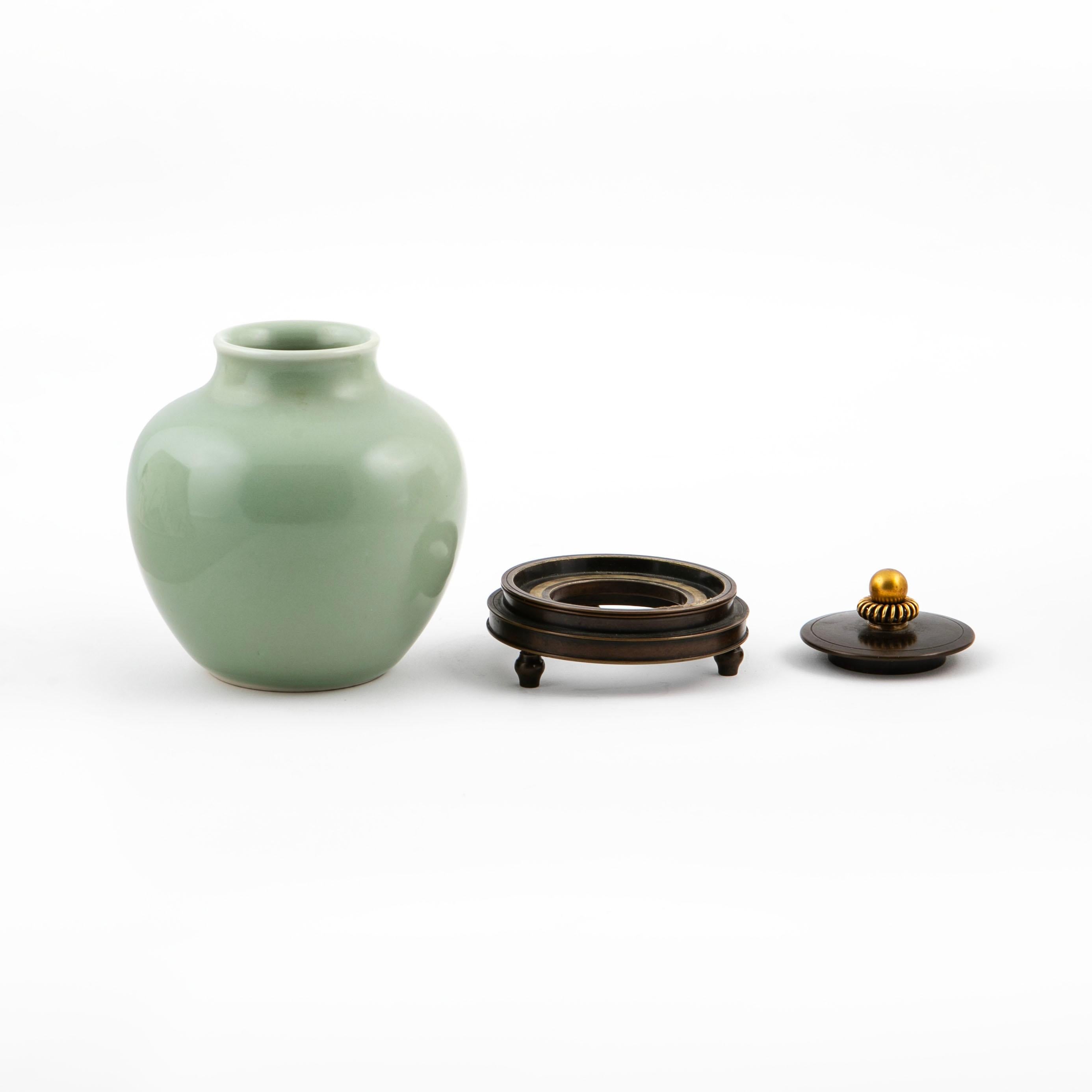 20th Century Knud Andersen Lidded Green Glazed Stoneware Vase / Jar for Royal Copenhagen