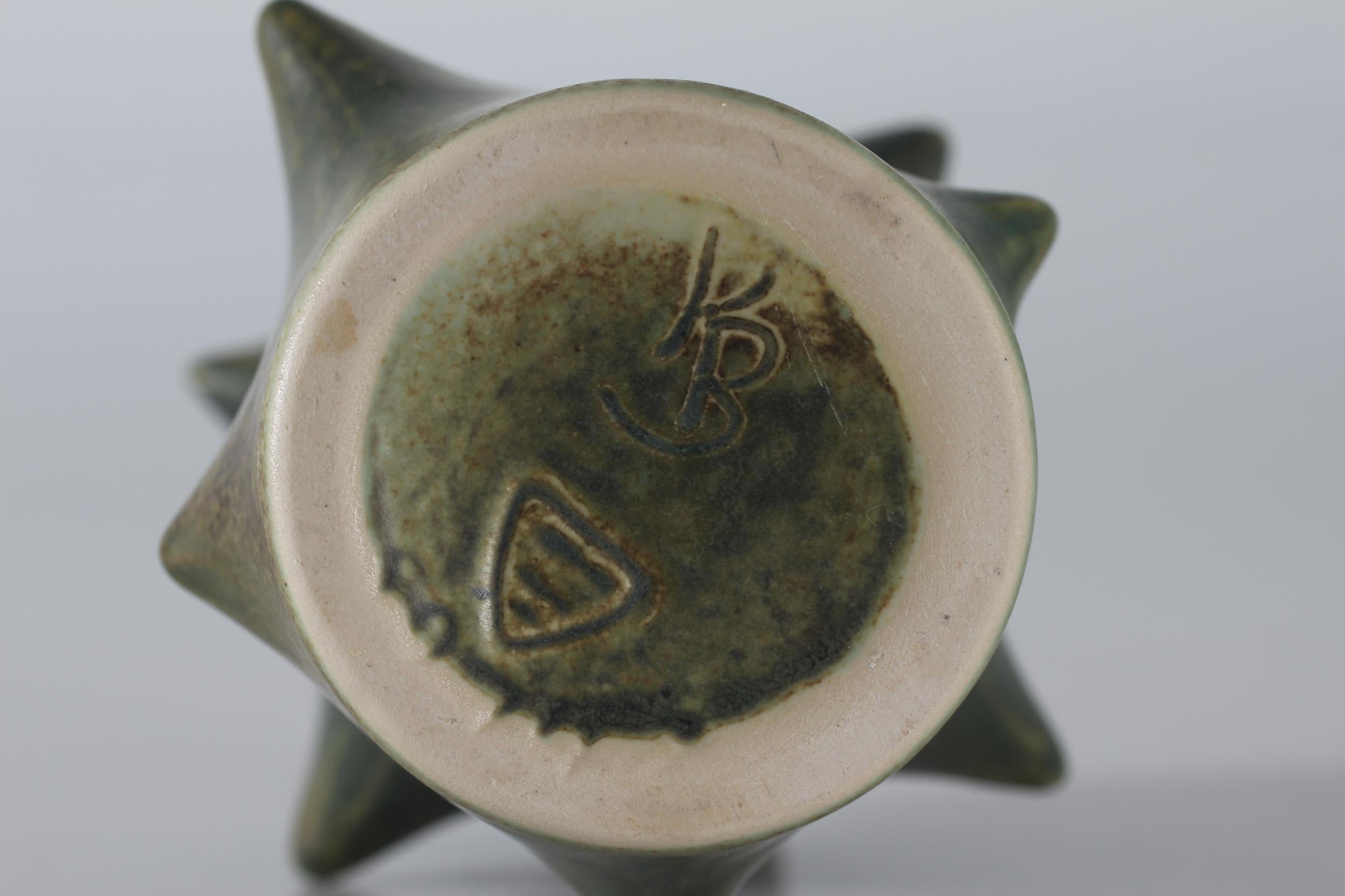 Ceramic Knud Basse Rose Thorn Vase, Moss Green by Michael Andersen & Søn, Denmark 1950s