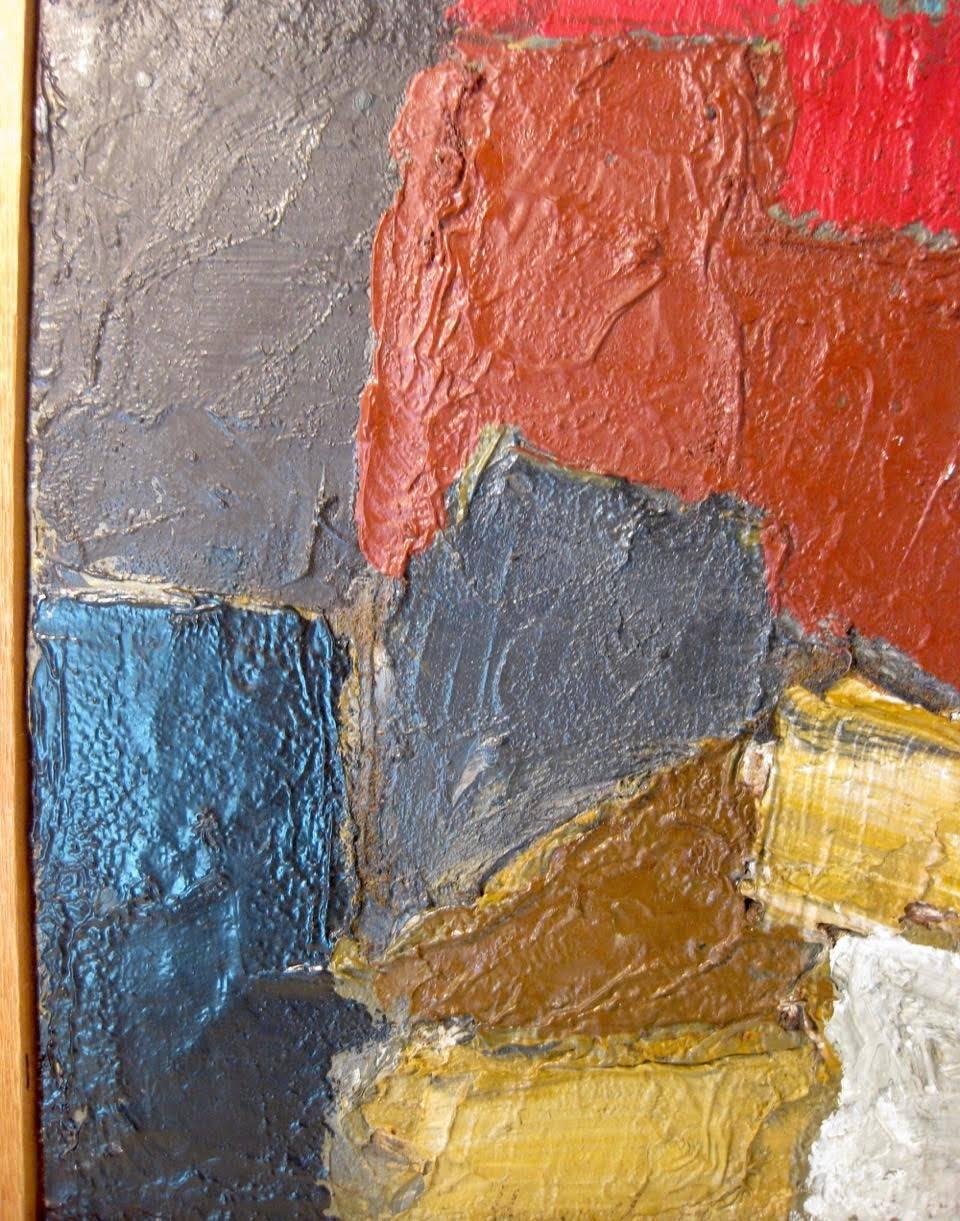 Midcentury Danish modern abstract impasto oil painting by Danish artist Knud Brogård, entitled 