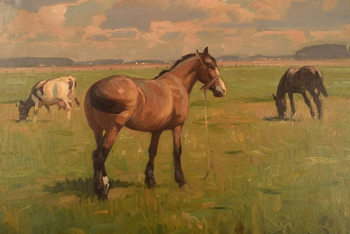 Danish Knud Edsberg, Oil on Canvas, Field Landscape with Horses and Cows
