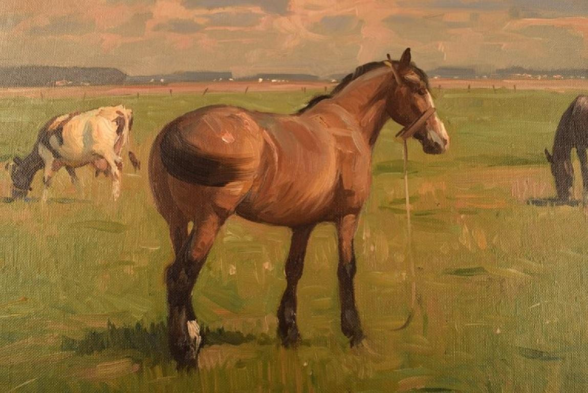 Knud Edsberg, Oil on Canvas, Field Landscape with Horses and Cows In Excellent Condition In Copenhagen, DK