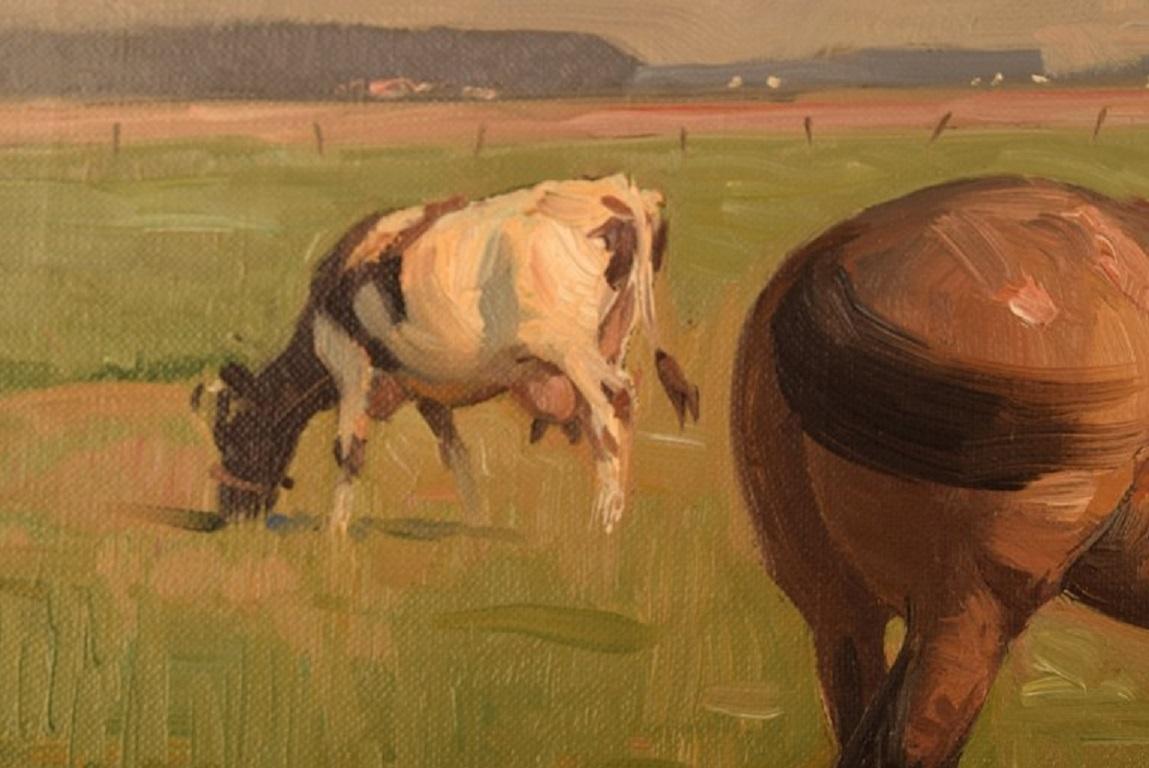 20th Century Knud Edsberg, Oil on Canvas, Field Landscape with Horses and Cows