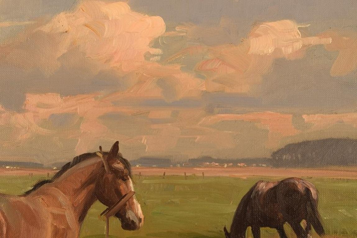 Knud Edsberg, Oil on Canvas, Field Landscape with Horses and Cows 1