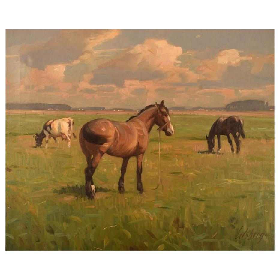 Knud Edsberg, Oil on Canvas, Field Landscape with Horses and Cows