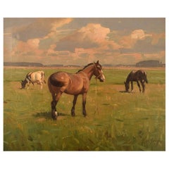 Knud Edsberg, Oil on Canvas, Field Landscape with Horses and Cows
