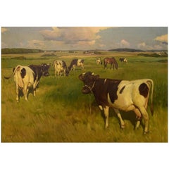 Knud Edsberg Danish Artist, Oil on Canvas, Field Landscape with Cows
