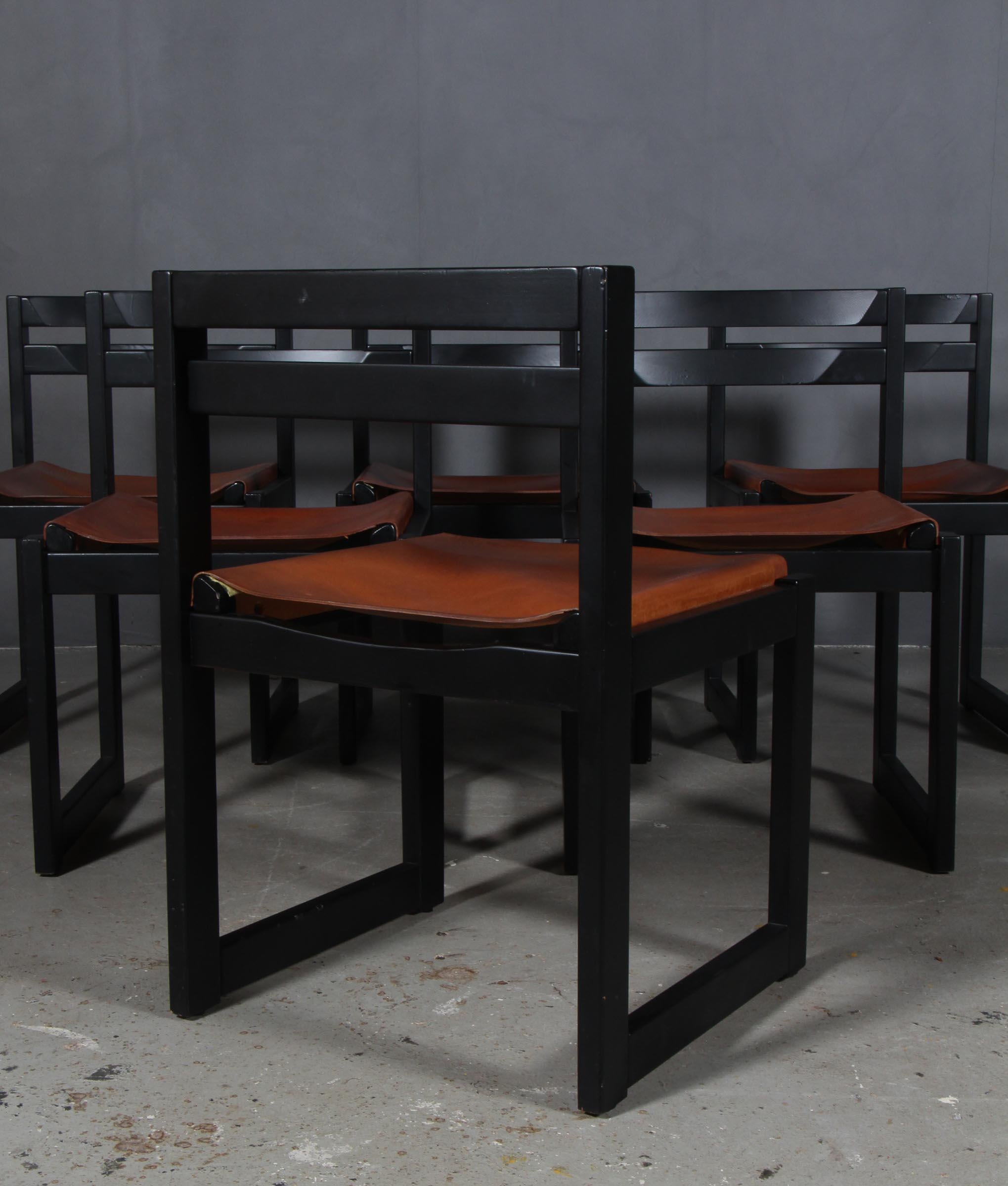 Danish Knud Færch Dining Chairs in Black Laquered and Saddle Leather