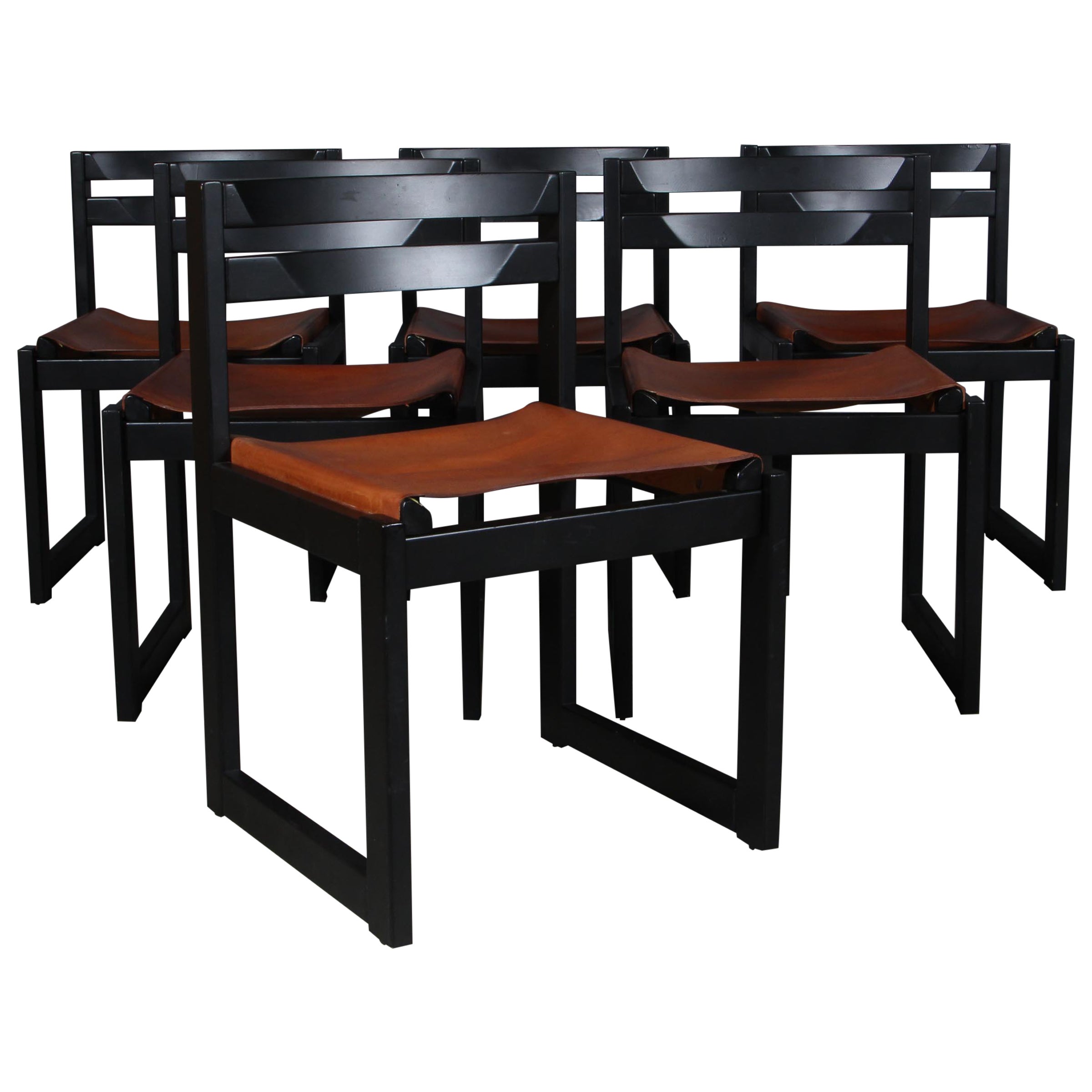 Knud Færch Dining Chairs in Black Laquered and Saddle Leather