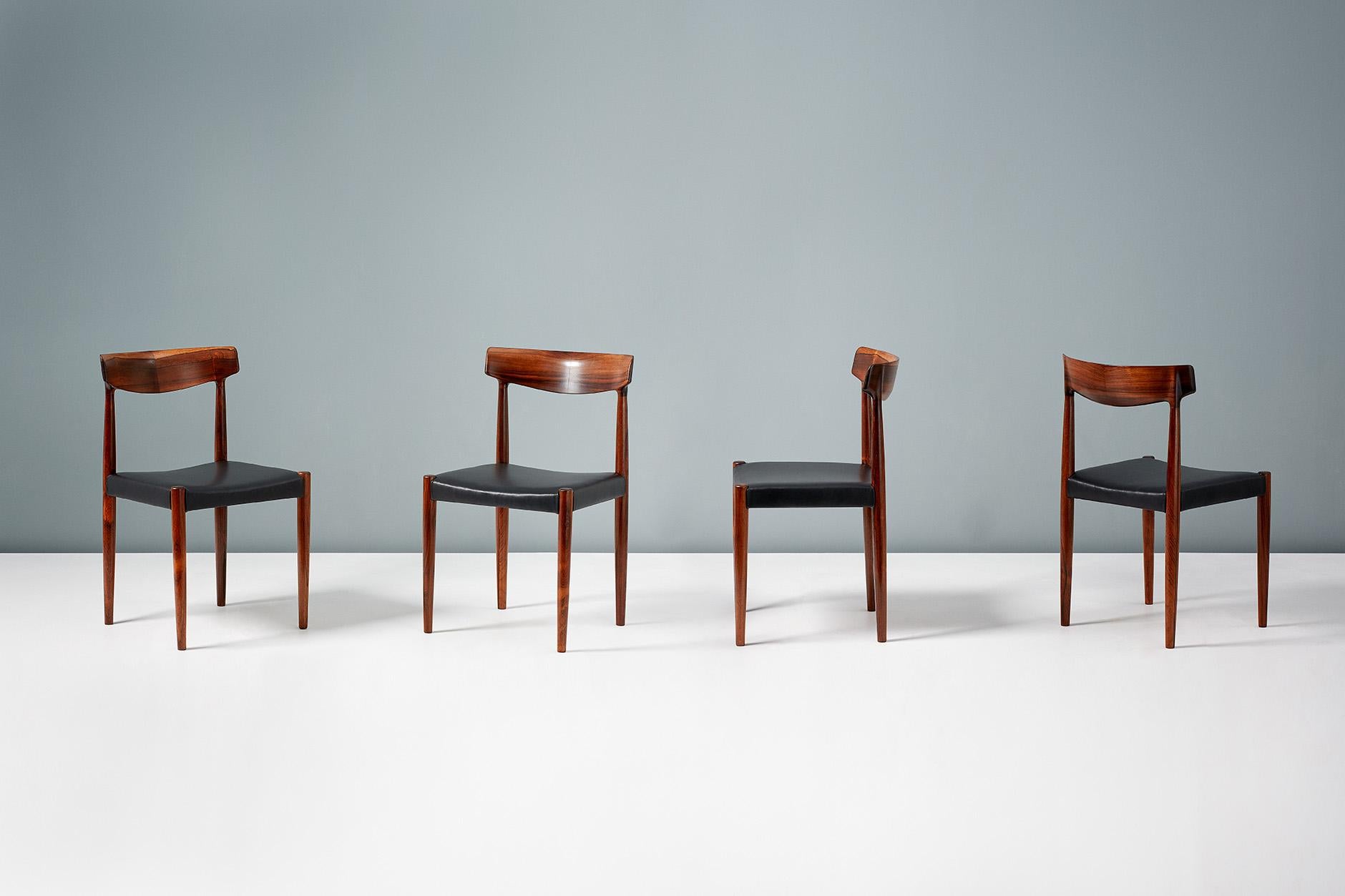 Knud Faerch

Model 343 dining chairs, circa 1950s

Rarely seen set of eight model 343 dining chairs designed by Knud Færch & produced by Slagelse Møbelfabrik in Denmark in the 1950s. The frames are made from exquisite Brazilian Rosewood with