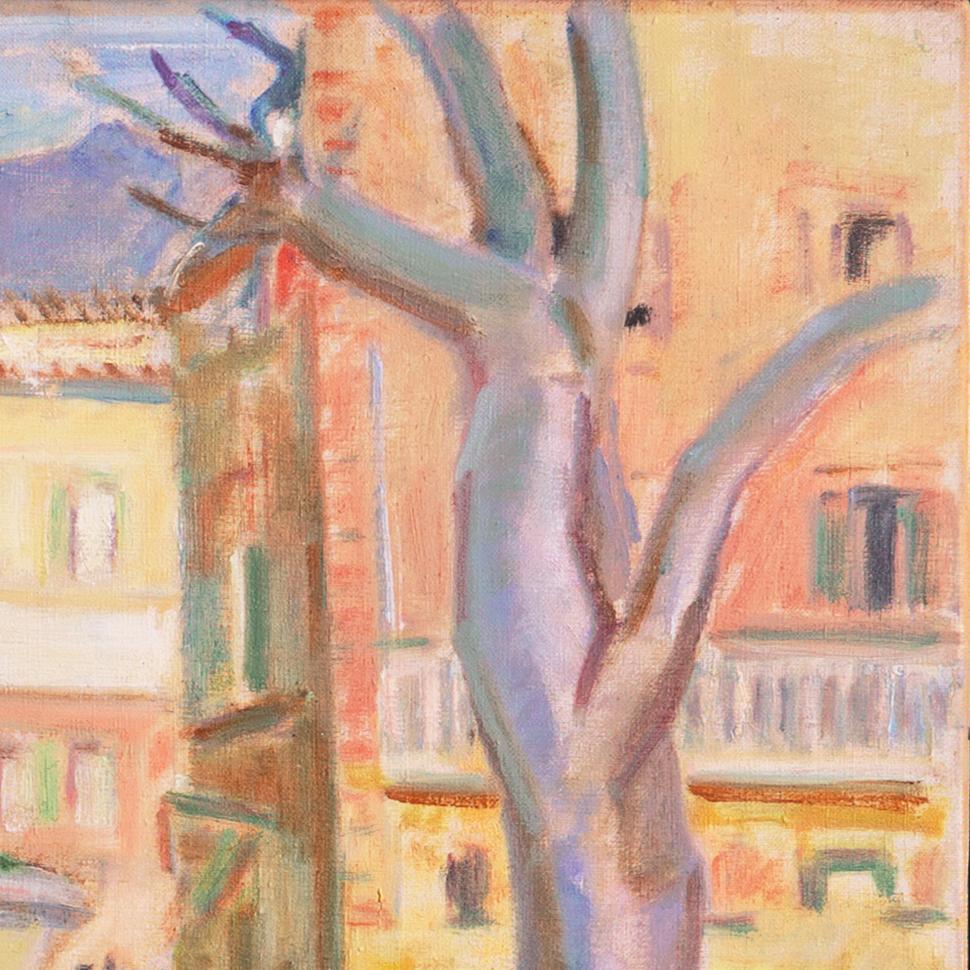 Signed lower right, 'K. L. Hilkier' for Knud Ove Hilkier (Danish, 1884-1953) and painted circa 1950

A lyrical Expressionist oil showing women fetching water from a fountain in the sunny piazza of a northern Italian town, with a view beyond towards