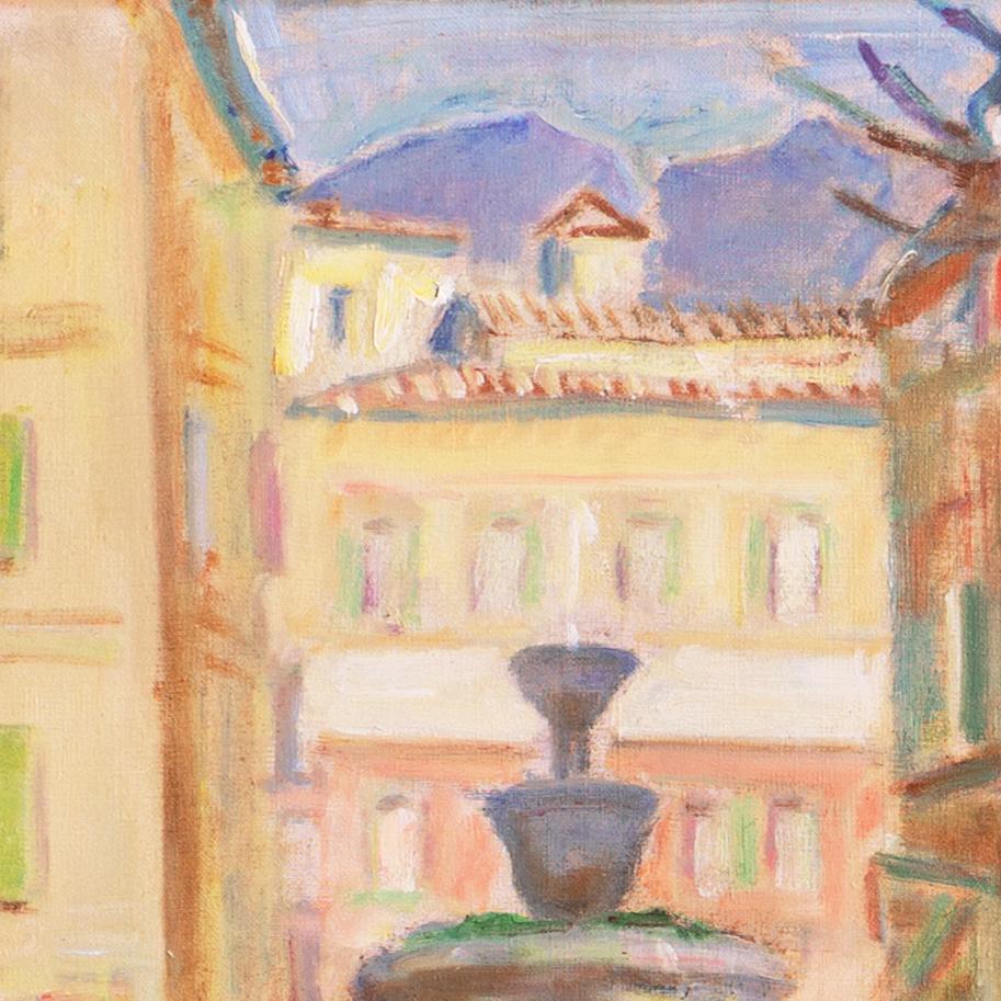Signed lower right, 'K. L. Hilkier' for Knud Ove Hilkier (Danish, 1884-1953) and painted circa 1950

A lyrical Expressionist oil showing women fetching water from a fountain in the sunny piazza of a northern Italian town, with a view beyond towards