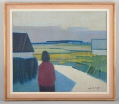 Knud Horup (1926-1973), artiste danois. Huile sur toile. Figure dans un paysage.