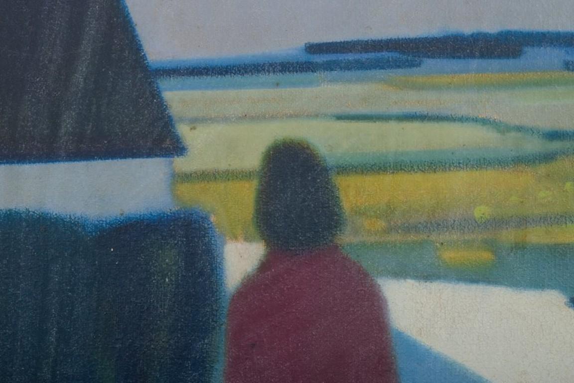 Knud Horup (1926-1973), artista danés. Óleo sobre lienzo. Figura en paisaje. Danés en venta