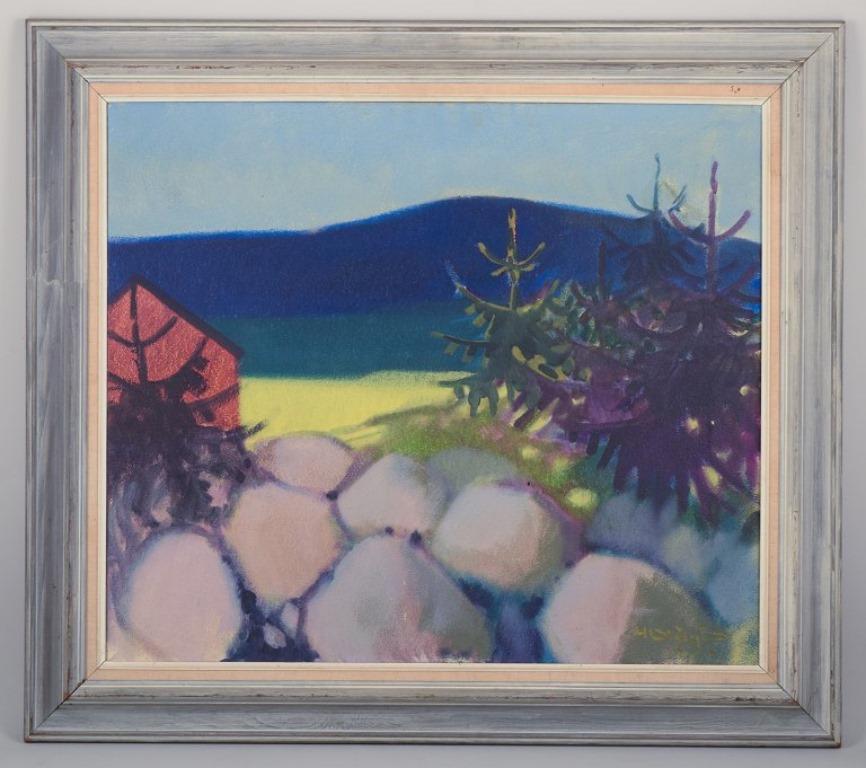 Knud Horup (1926-1973), artista danese.
Olio su tela.
Casa nel paesaggio.
Metà del XX secolo.
Firmato.
In perfette condizioni.
Dimensioni: 70 cm x 60 cm.
Totale con cornice: 87 cm x 77 cm.