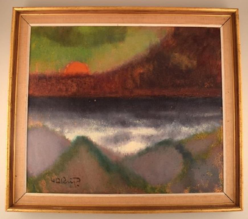 Knud Horup (1926-1973), Denmark. Oil on board. Modernist landscape with sunset, 1960s.
The board measures: 69 x 59 cm.
The frame measures: 6 cm.
In excellent condition.
Signed.