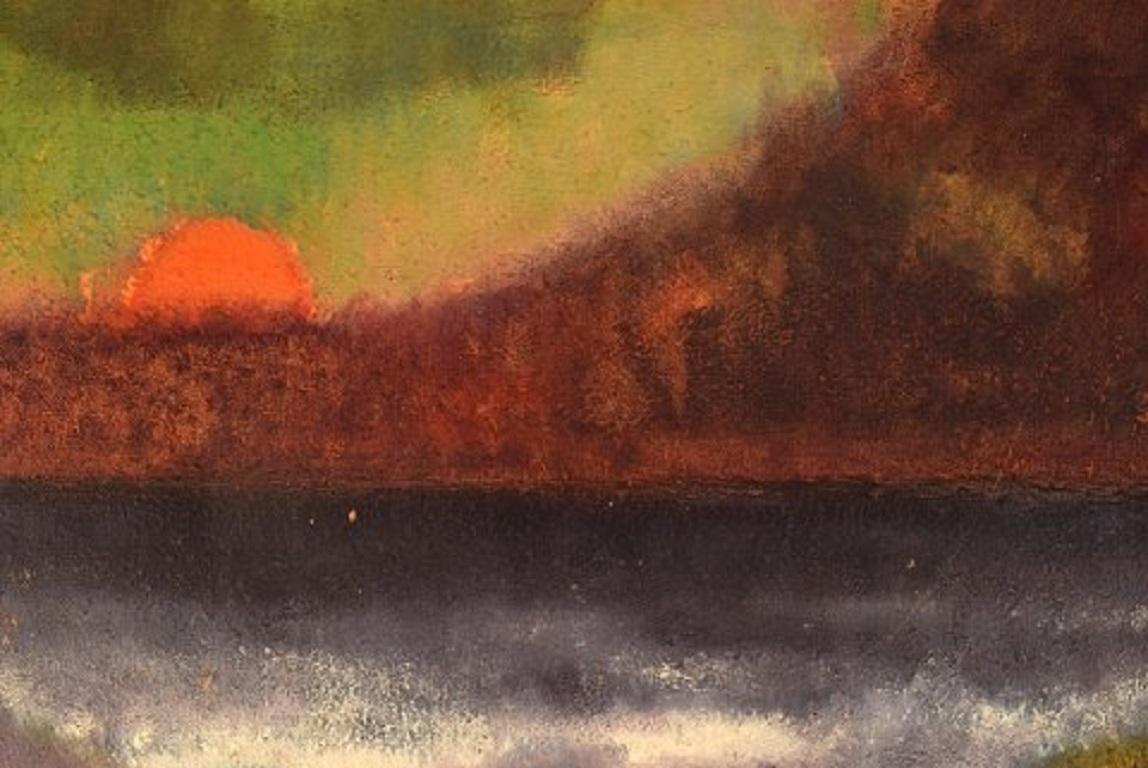 Scandinavian Modern Knud Horup, Denmark, Oil on Board, Modernist Landscape with Sunset For Sale