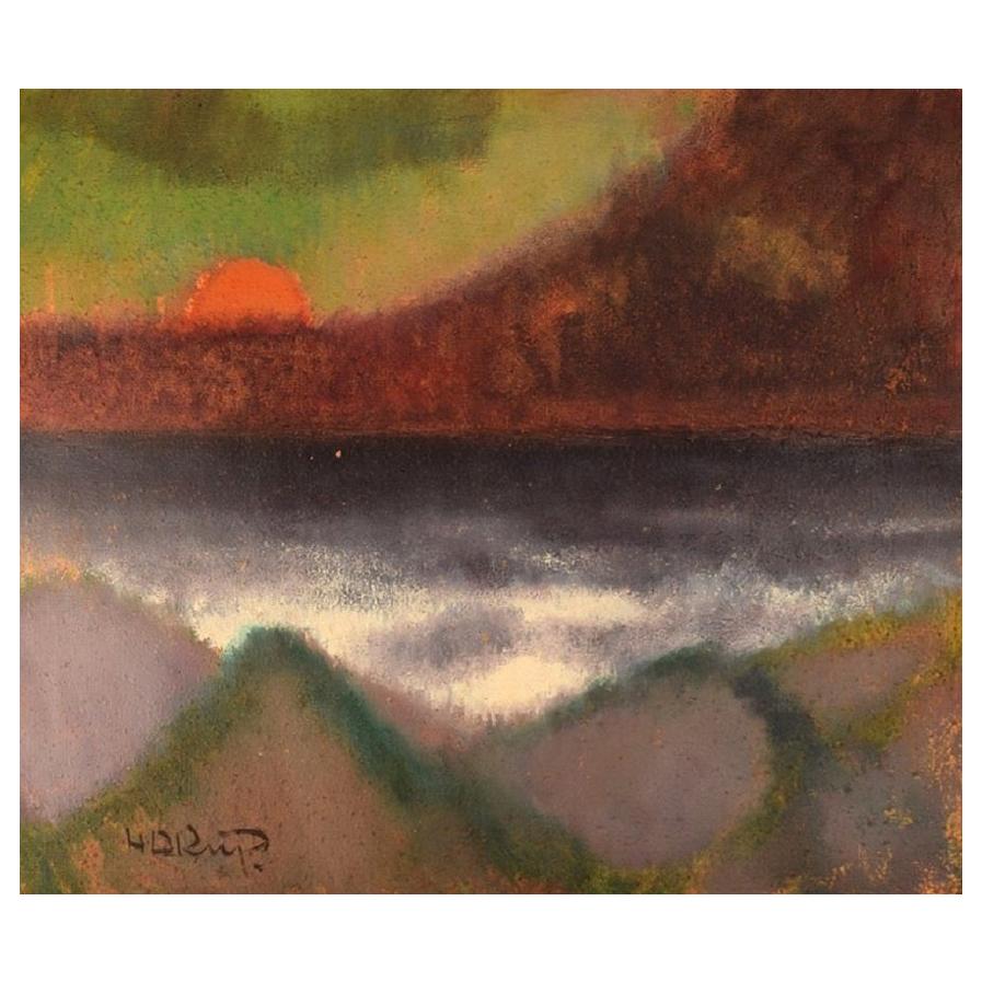 Knud Horup, Denmark, Oil on Board, Modernist Landscape with Sunset For Sale