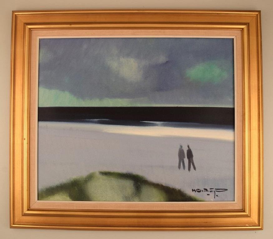 Knud Horup (1926-1973), Denmark. 
Oil on canvas. 
Modernist beach landscape with people. 1960s.
The canvas measures: 59 x 49 cm.
The frame measures: 9 cm.
In excellent condition.
Signed.
