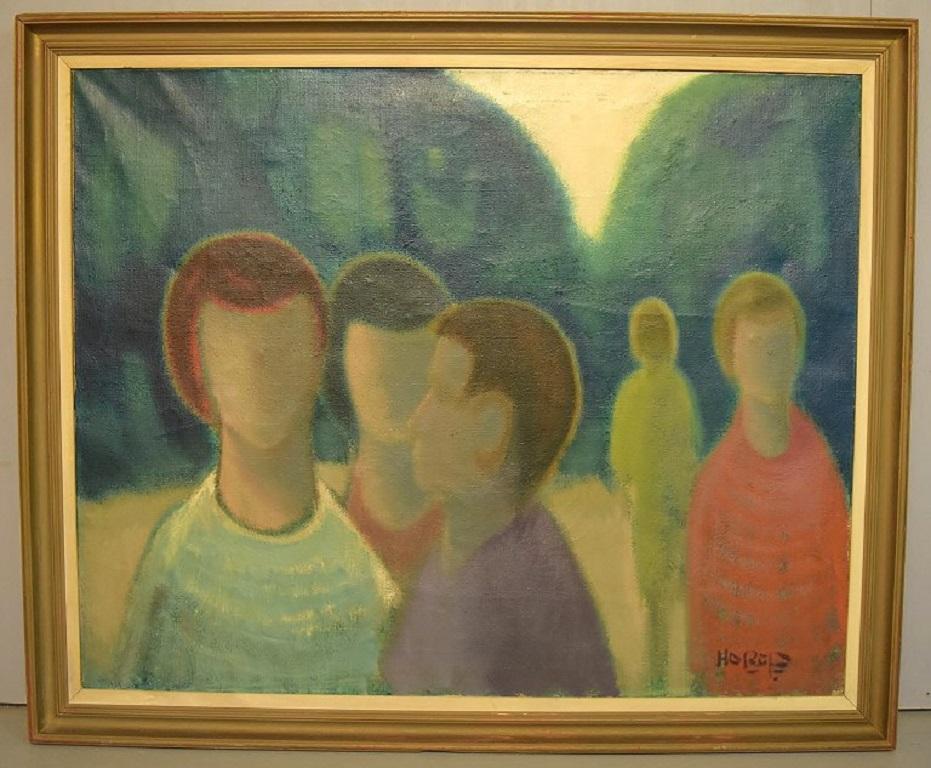 Knud Horup (1926-1973), listed Danish artist. Large painting. Oil on canvas. 
Modernist park motif with people. Mid-20th century.
The canvas measures: 100 x 80 cm.
The frame measures: 6.5 cm.
In excellent condition.
Signed.
