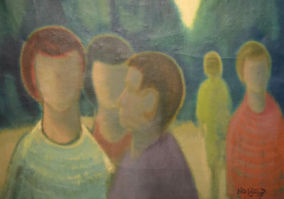 Knud Horup (1926-1973). Oil on canvas. Modernist park motif with people. In Excellent Condition In Copenhagen, DK