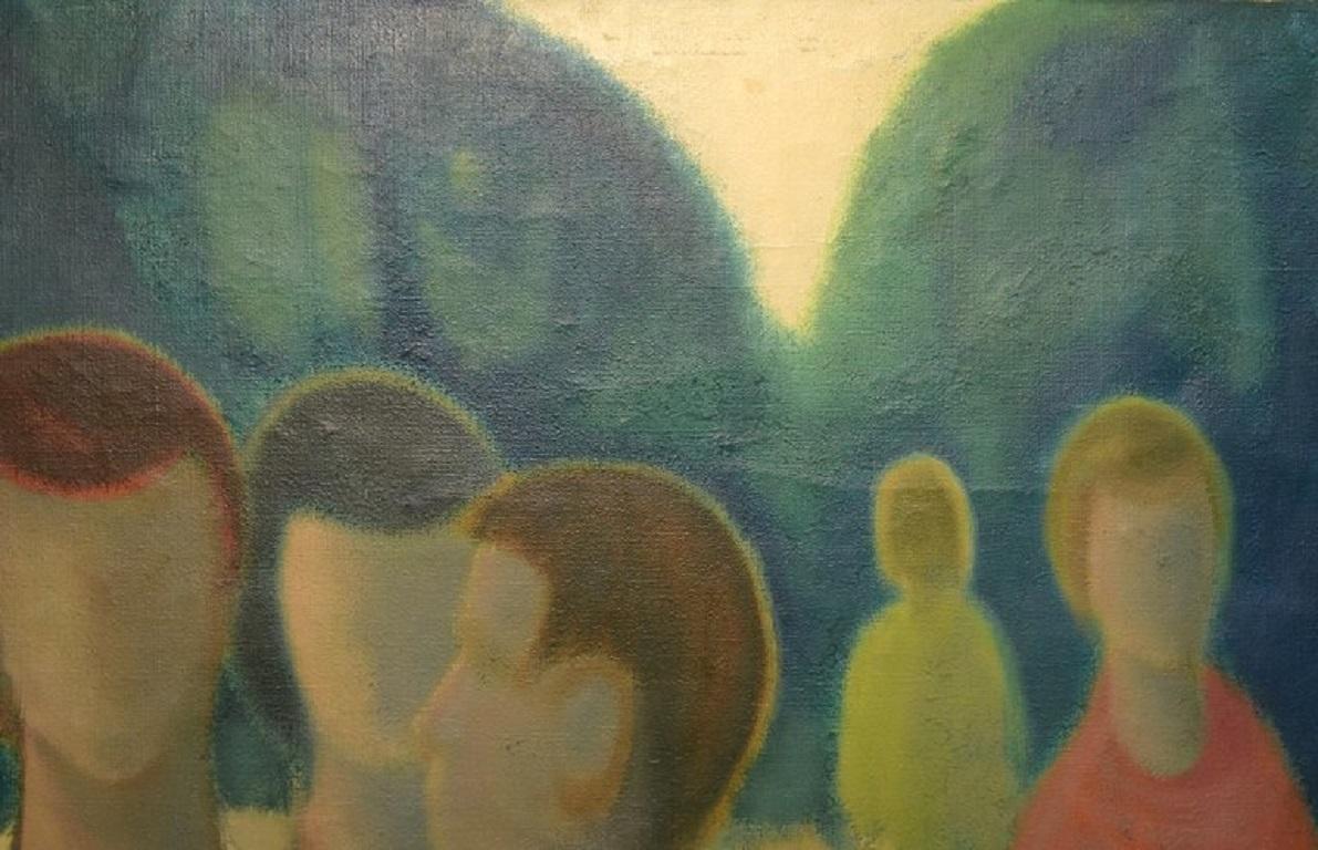 20th Century Knud Horup (1926-1973). Oil on canvas. Modernist park motif with people.