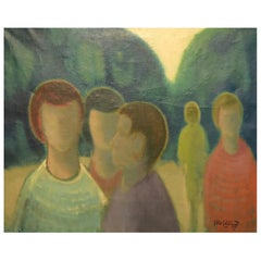 Knud Horup (1926-1973). Oil on canvas. Modernist park motif with people.
