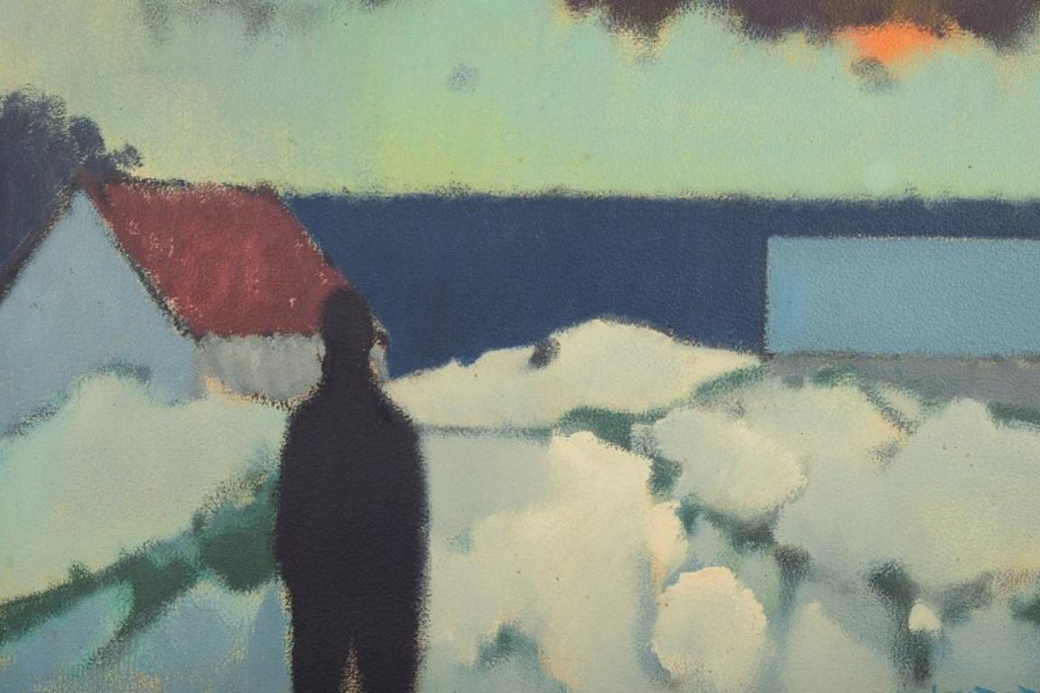 Modern Knud Horup, Danish artist. Oil on canvas. Figure in landscape. For Sale