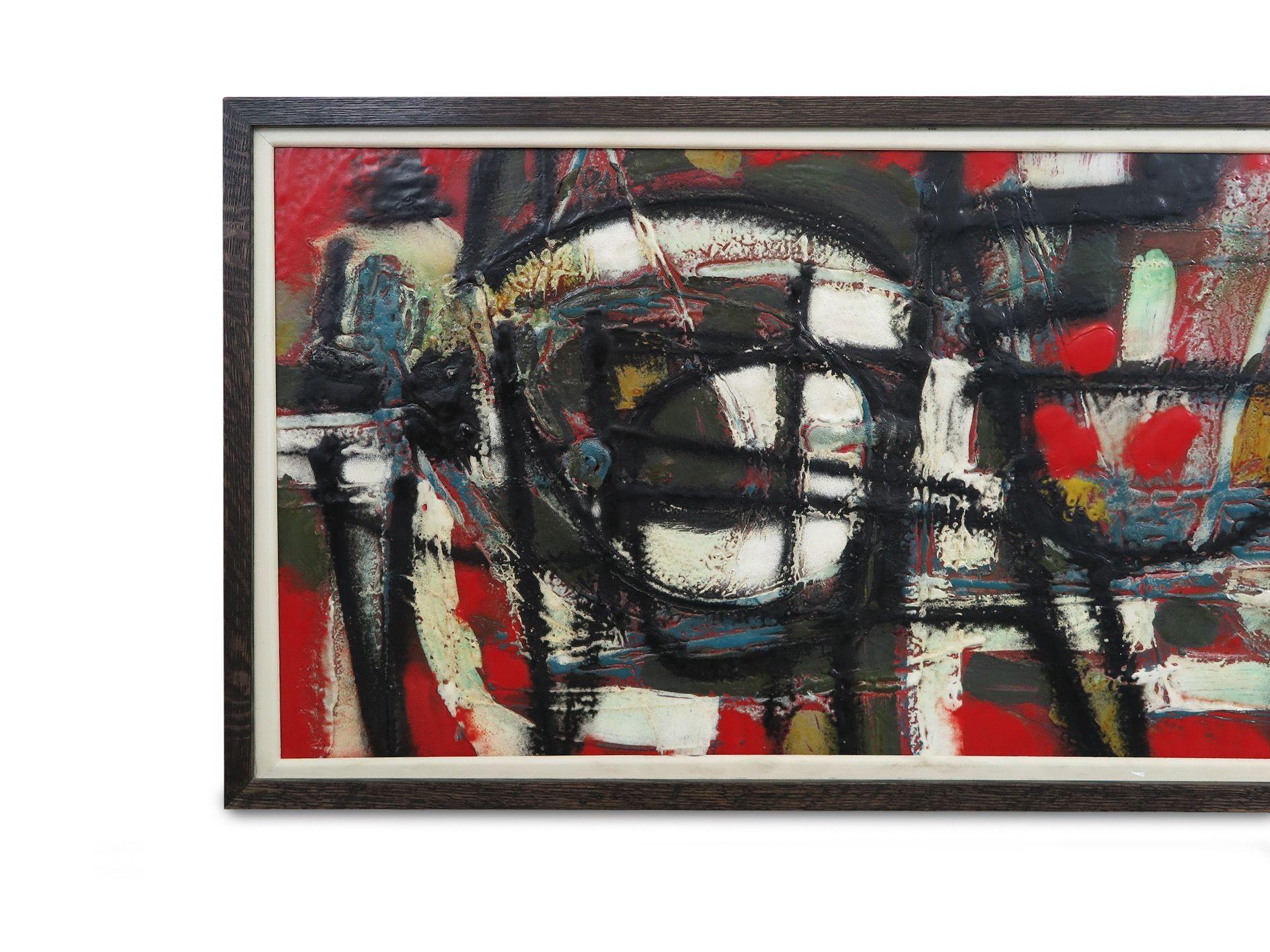 Knud HørupEnamello su rame, 1960 circaEspressionismo astratto di metà secolo  Opere rare e di grandi dimensioni
Questo raro e insolitamente grande dipinto a smalto su rame dell'artista danese Knud Hørup è un esempio sorprendente dell'espressionismo
