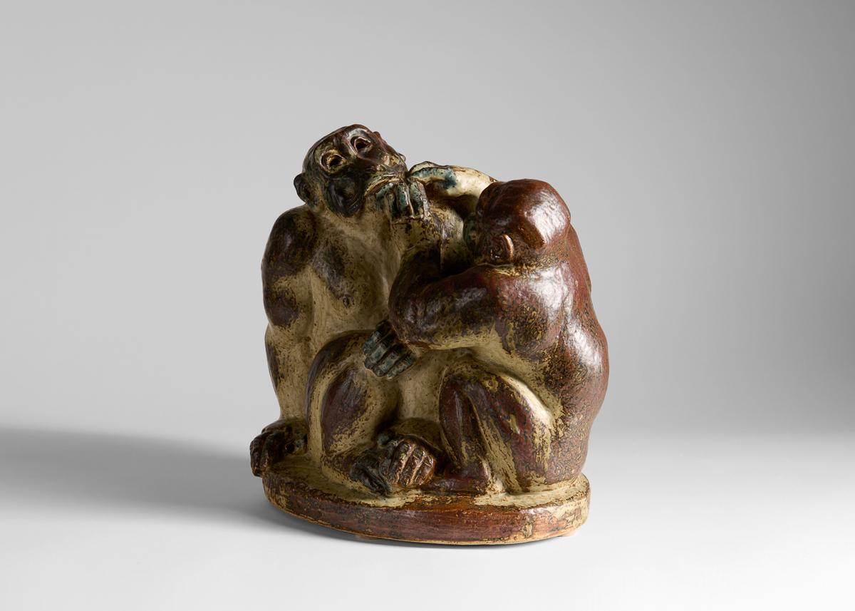 This naturalistic and dynamic scene of two monkeys grooming each other was designed by Knud Kyhn who worked for Royal Copenhagen for much of his career. 

Numbered 20539, incised KK.