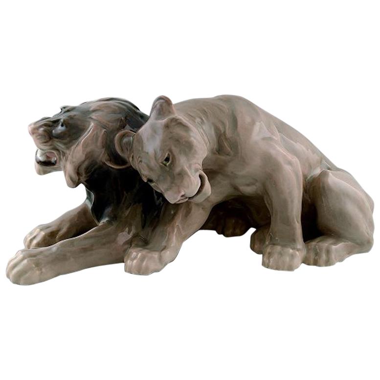 Knud Kyhn for B&G 
Bing 
Grondahl
 Large Rare Porcelain Lying Lion Couple