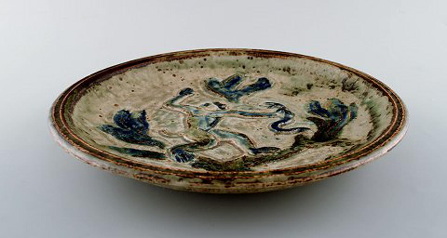 Mid-20th Century Knud Kyhn for Royal Copenhagen, Large Round Unique Dish with Monkey and Snake