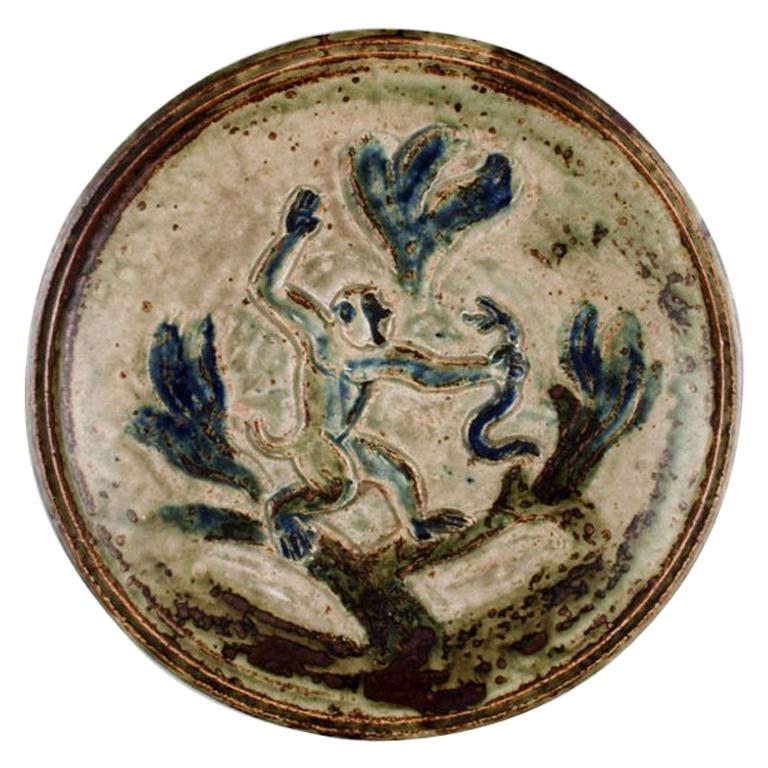 Knud Kyhn for Royal Copenhagen, Large Round Unique Dish with Monkey and Snake